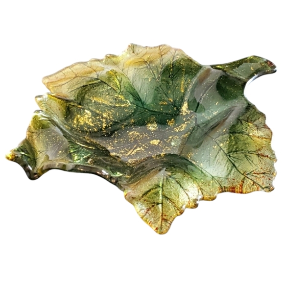 Green & Metallic Gold Small Leaf Glass Dish Tray Knick Knack Keep All Holiday - Picture 10 of 10